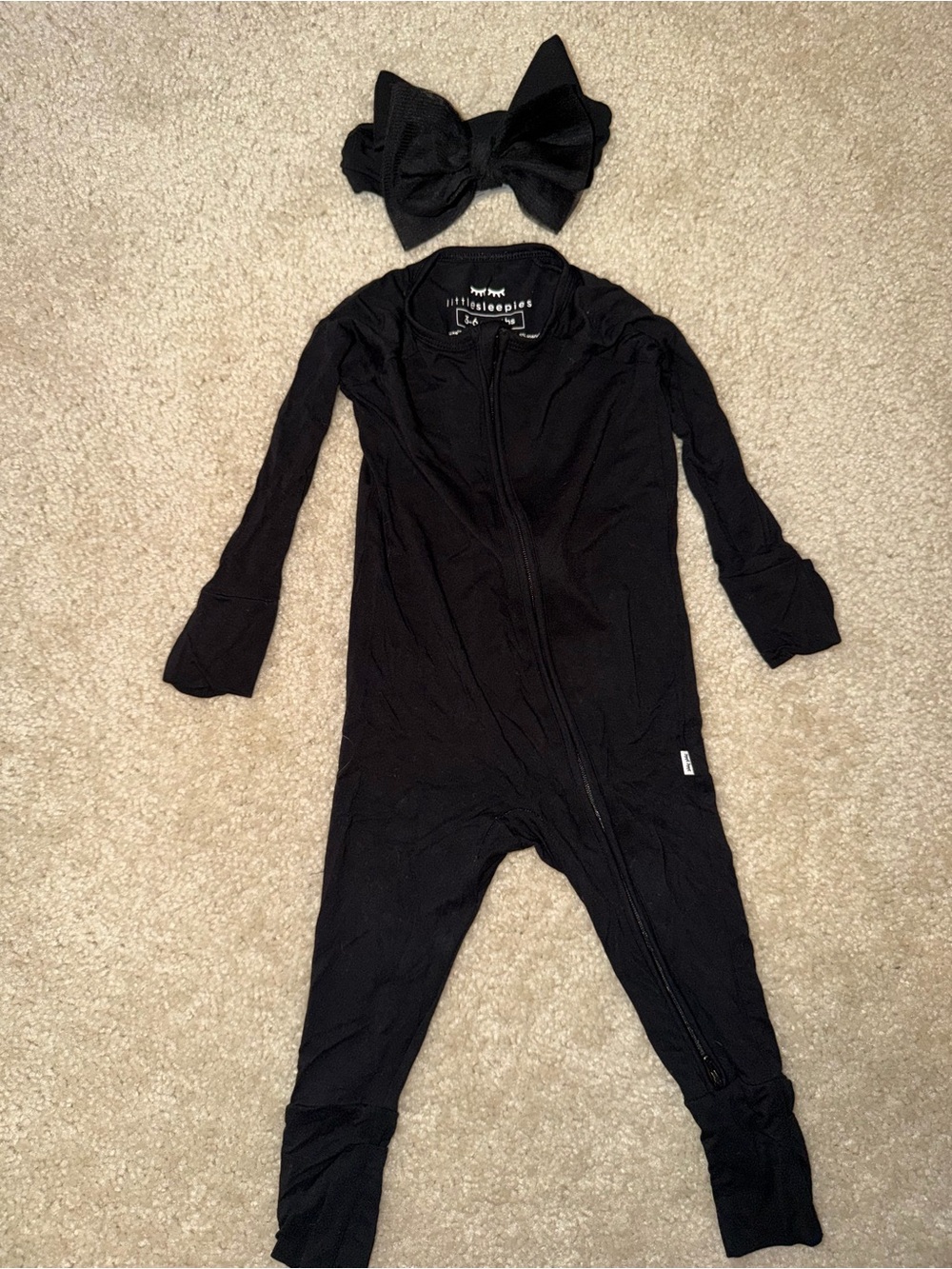 🎃🐈‍⬛Little Sleepies Black Long-Sleeve Zip One-Piece for Kids and Cat Ears Bow